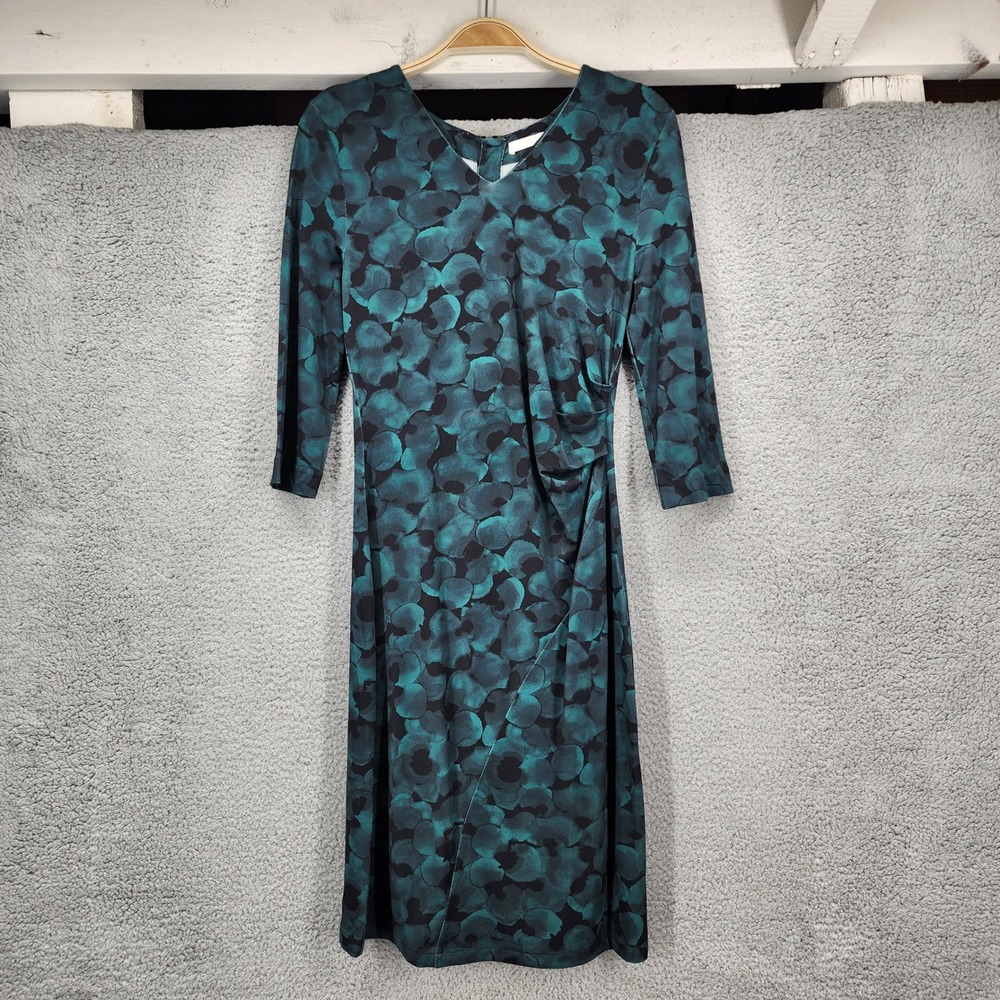 Hugo Boss Teal Black Abstract Print Ruched V-Neck Sheath Dress 3/4 Sleeve - Picture 1 of 12